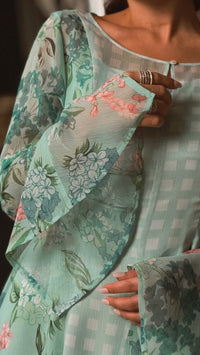 Mint Floral Chiffon Dress with Bell Sleeves - Noētic