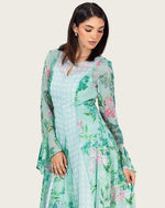 Mint Floral Chiffon Dress with Bell Sleeves - Noētic