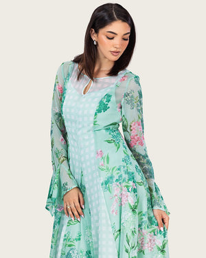 Mint Floral Chiffon Dress with Bell Sleeves - Noētic