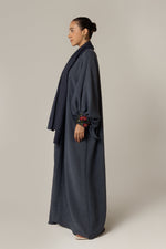 Navy Blue Abaya with Deep Red Flower Beaded Details - Noētic