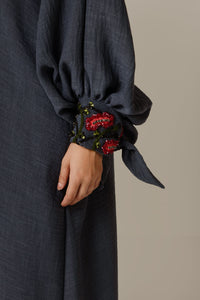 Navy Blue Abaya with Deep Red Flower Beaded Details - Noētic