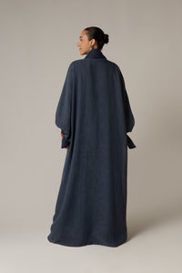 Navy Blue Abaya with Deep Red Flower Beaded Details - Noētic