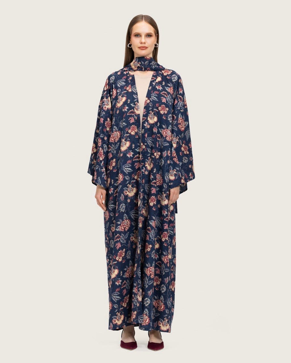 Navy Floral Open Abaya Dress - Noētic