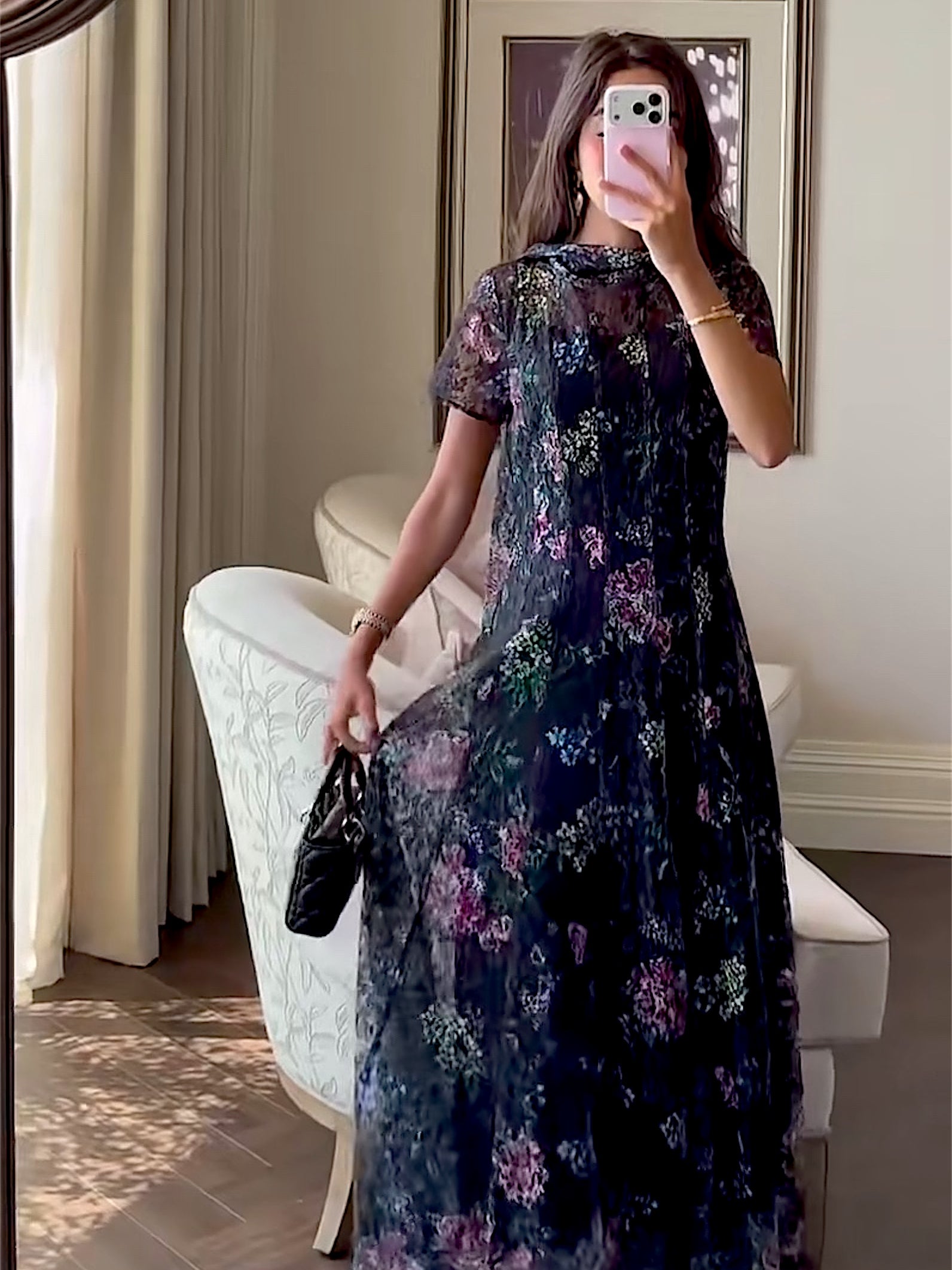 Floral Printed Lace Ankle Length Dress with Matching Scarf worn in a mirror portrait