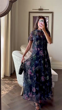 Floral Printed Lace Ankle Length Dress with Matching Scarf worn in a mirror portrait