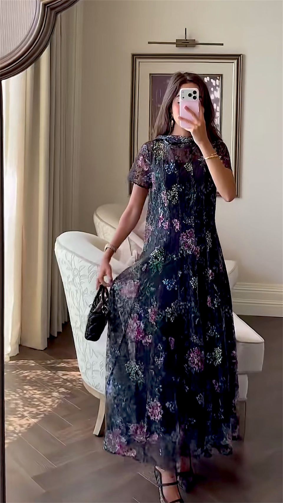 Floral Printed Lace Ankle Length Dress with Matching Scarf worn in a mirror portrait