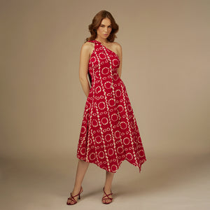 Red Printed Asymmetrical Linen Dress