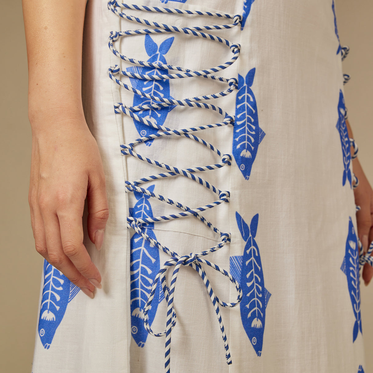 Fish Print Lace-Up Cotton Dress - Blue and white