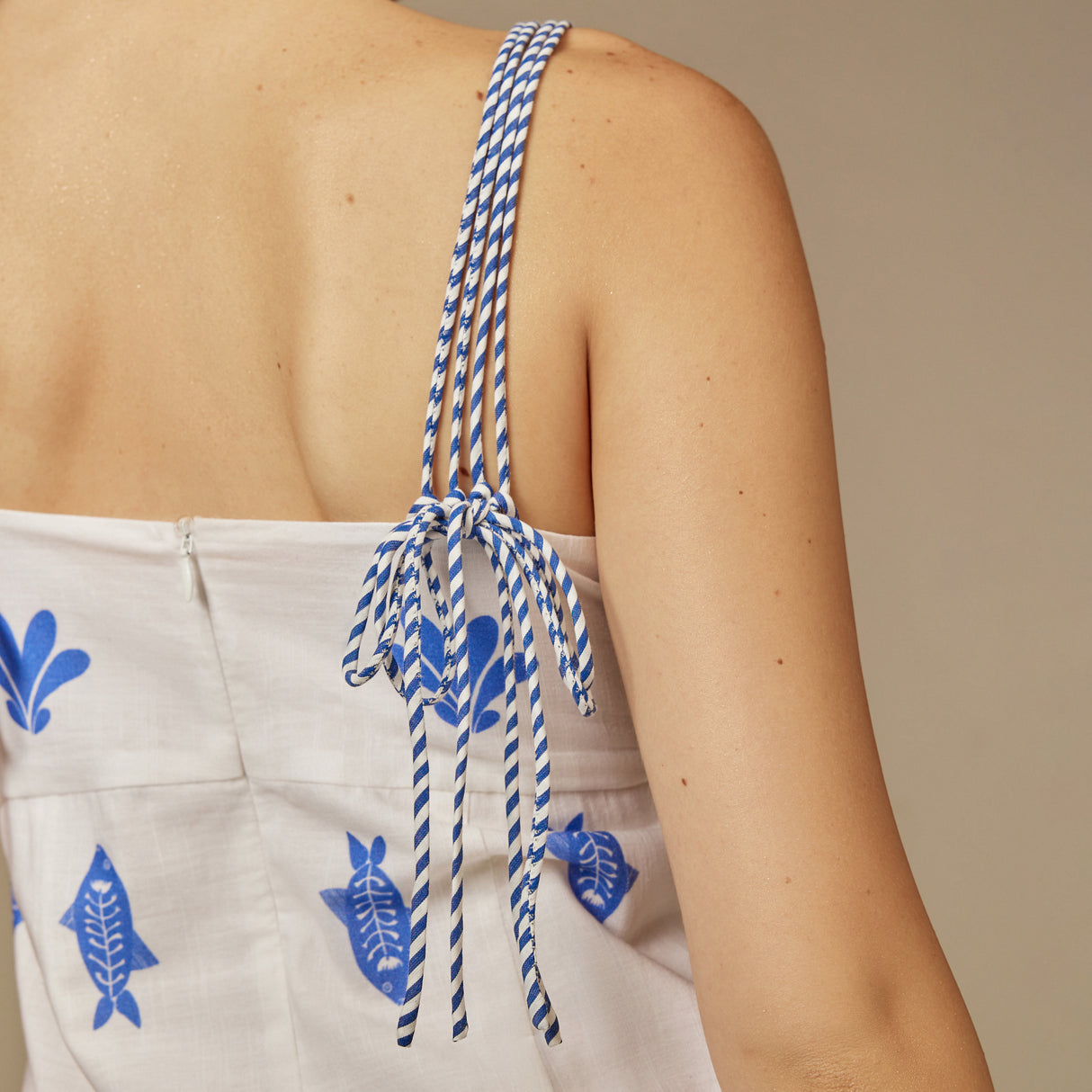 Fish Print Lace-Up Cotton Dress - Blue and white