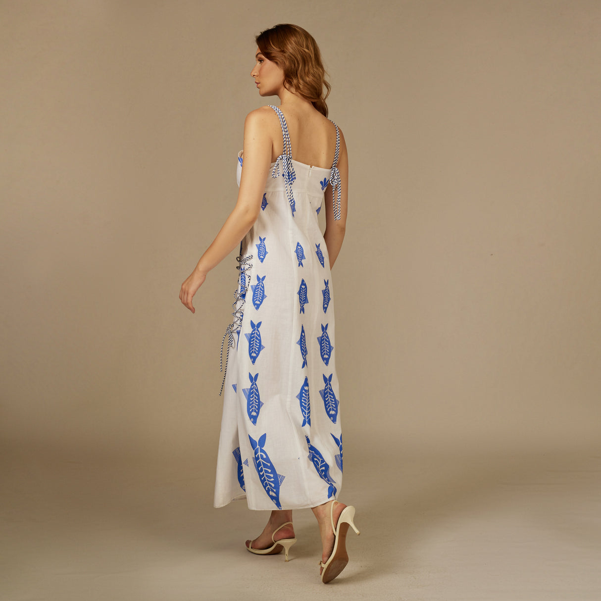 Fish Print Lace-Up Cotton Dress - Blue and white