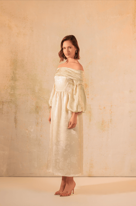 Off-Shoulder Classic Satin Jacquard Dress - Noētic