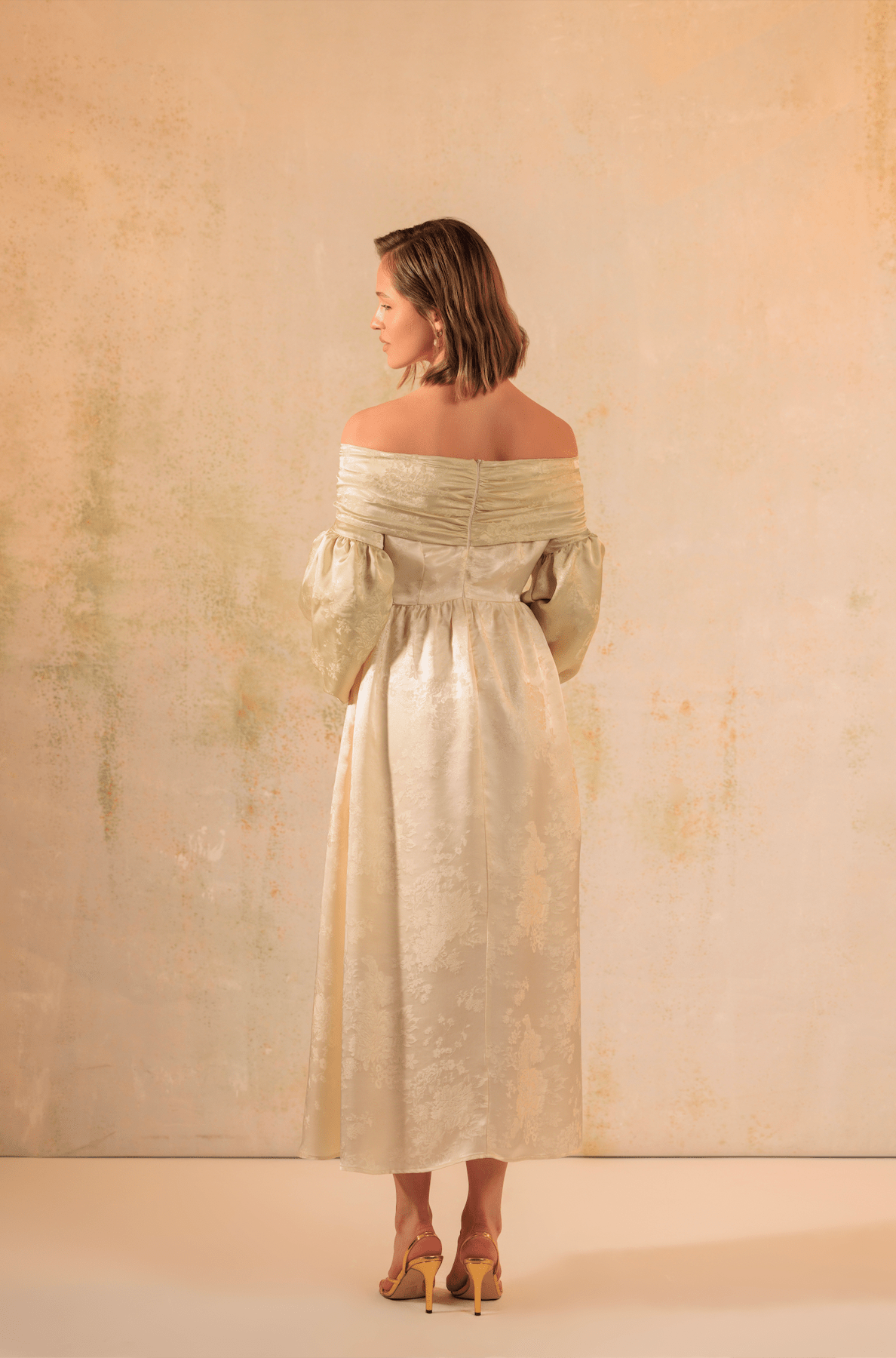 Off-Shoulder Classic Satin Jacquard Dress - Noētic