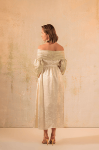 Off-Shoulder Classic Satin Jacquard Dress - Noētic
