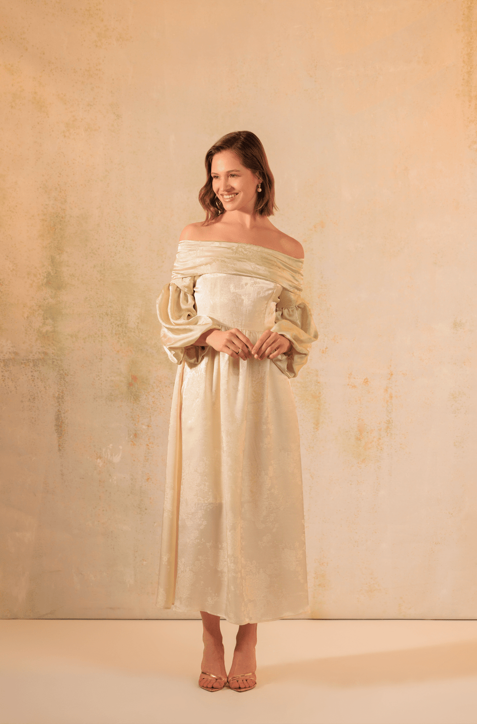 Off-Shoulder Classic Satin Jacquard Dress XS
