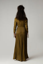 Olive Green Maxi Dress with Pearl Accents - Noētic