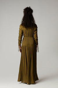 Olive Green Maxi Dress with Pearl Accents - Noētic