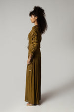 Olive Green Maxi Dress with Pearl Accents - Noētic