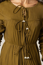 Olive Green Maxi Dress with Pearl Accents - Noētic