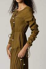 Olive Green Maxi Dress with Pearl Accents - Noētic