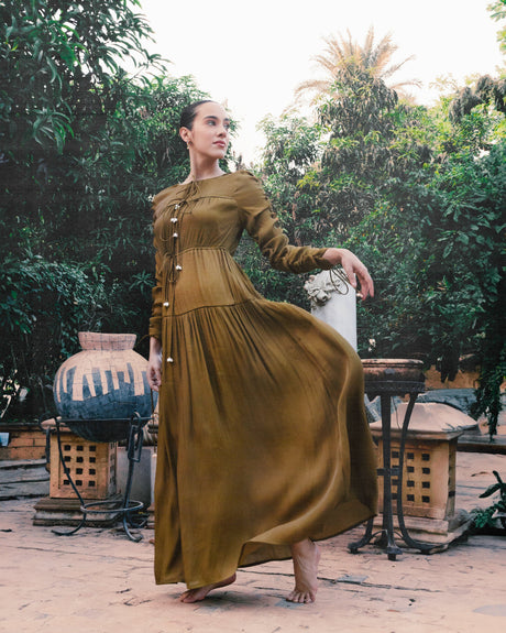 Olive Green Maxi Dress with Pearl Accents - Noētic