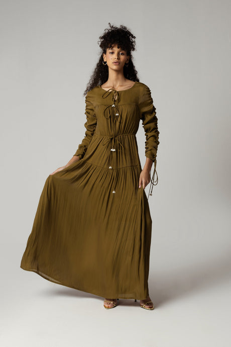 Olive Green Maxi Dress with Pearl Accents - Noētic