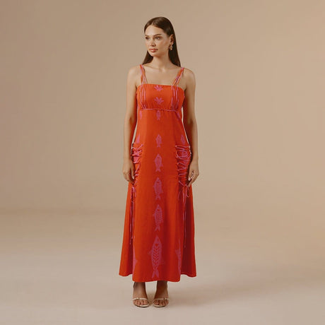 Orange Fish Print Lace-Up Cotton Dress - Noētic