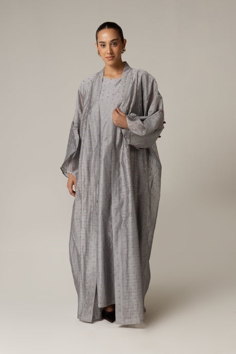 Organza Jaquard Hand Embellished Beaded Tassels Abaya Set - Noētic