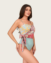 Patchwork Print One-Piece Swimsuit with Side Wrap Detail and Removable Straps - Noētic