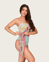 Patchwork Print One-Piece Swimsuit with Side Wrap Detail and Removable Straps - Noētic