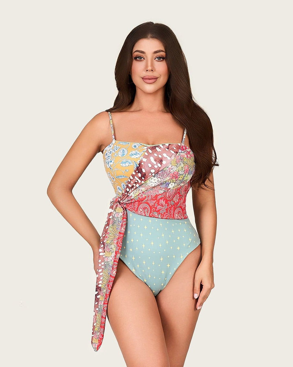 Patchwork Print One-Piece Swimsuit with Side Wrap Detail and Removable Straps - Noētic