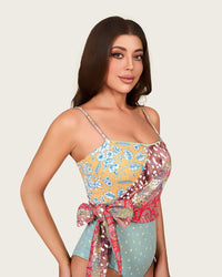 Patchwork Print One-Piece Swimsuit with Side Wrap Detail and Removable Straps - Noētic