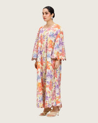 Peach Floral Maxi Dress with Square Neckline - Noētic