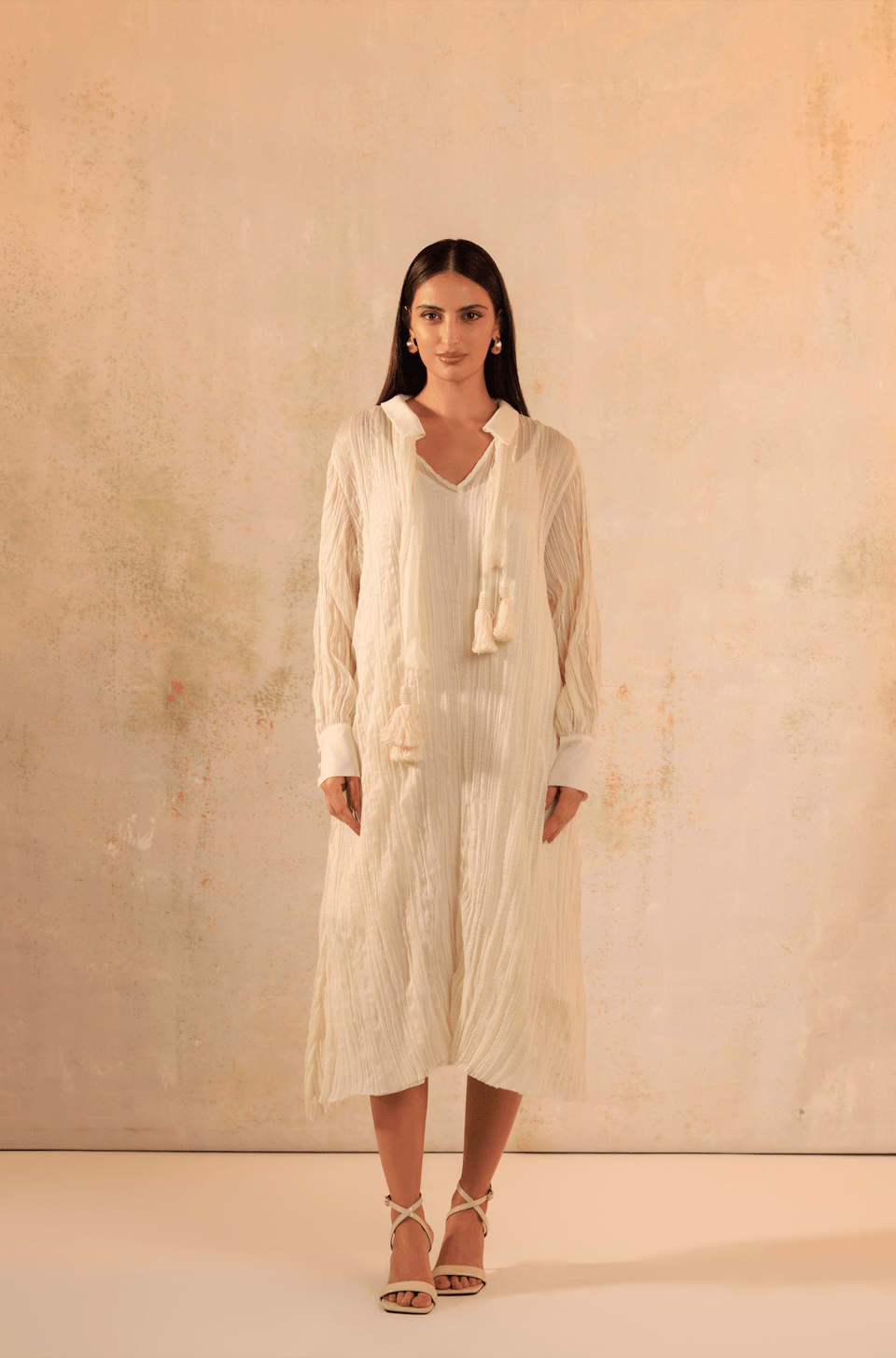 Pearl Off-White Crinkled Chiffon Shirt Dress