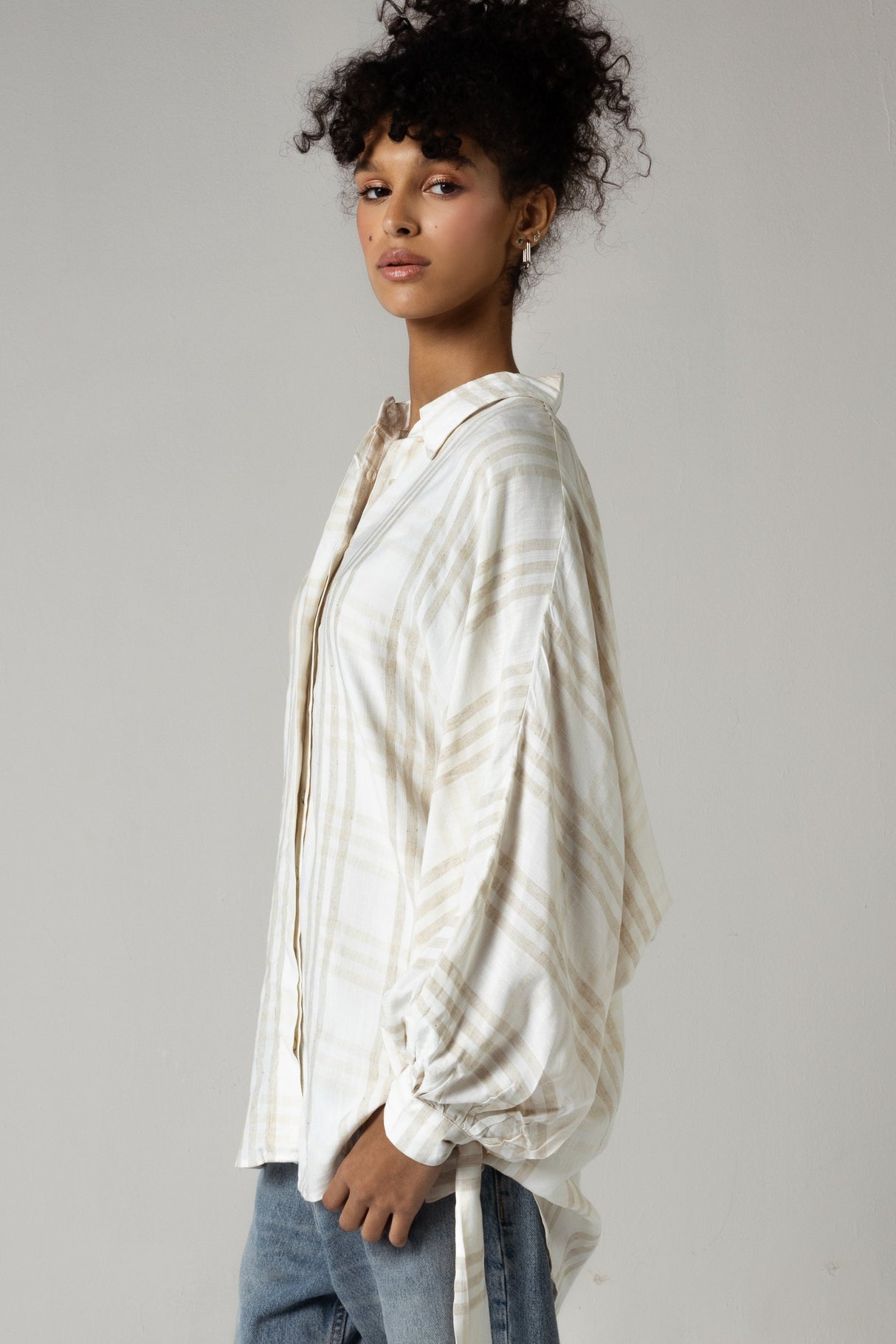 Plaid Viscose Cotton Blouse with Tie Wristbands - Noētic