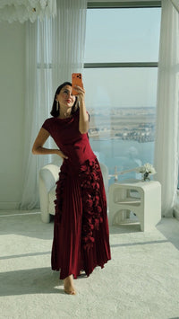 Pleated Crepe Midi Dress with Dangling Sequin Floral Embellishments – Burgundy - Noētic