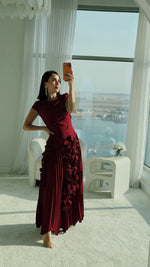 Pleated Crepe Midi Dress with Dangling Sequin Floral Embellishments – Burgundy - Noētic