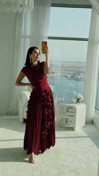 Pleated Crepe Midi Dress with Dangling Sequin Floral Embellishments – Burgundy - Noētic