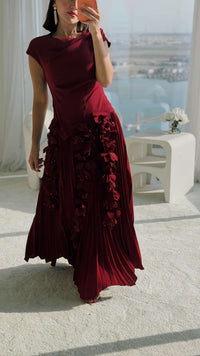 Pleated Crepe Midi Dress with Dangling Sequin Floral Embellishments – Burgundy - Noētic