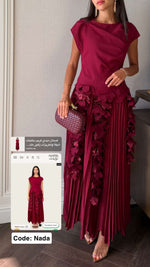 Pleated Crepe Midi Dress with Dangling Sequin Floral Embellishments – Burgundy - Noētic