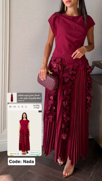 Pleated Crepe Midi Dress with Dangling Sequin Floral Embellishments – Burgundy - Noētic