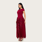 Pleated Crepe Midi Dress with Dangling Sequin Floral Embellishments – Burgundy - Noētic