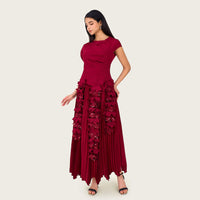 Pleated Crepe Midi Dress with Dangling Sequin Floral Embellishments – Burgundy - Noētic