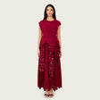 Pleated Crepe Midi Dress with Dangling Sequin Floral Embellishments – Burgundy - Noētic