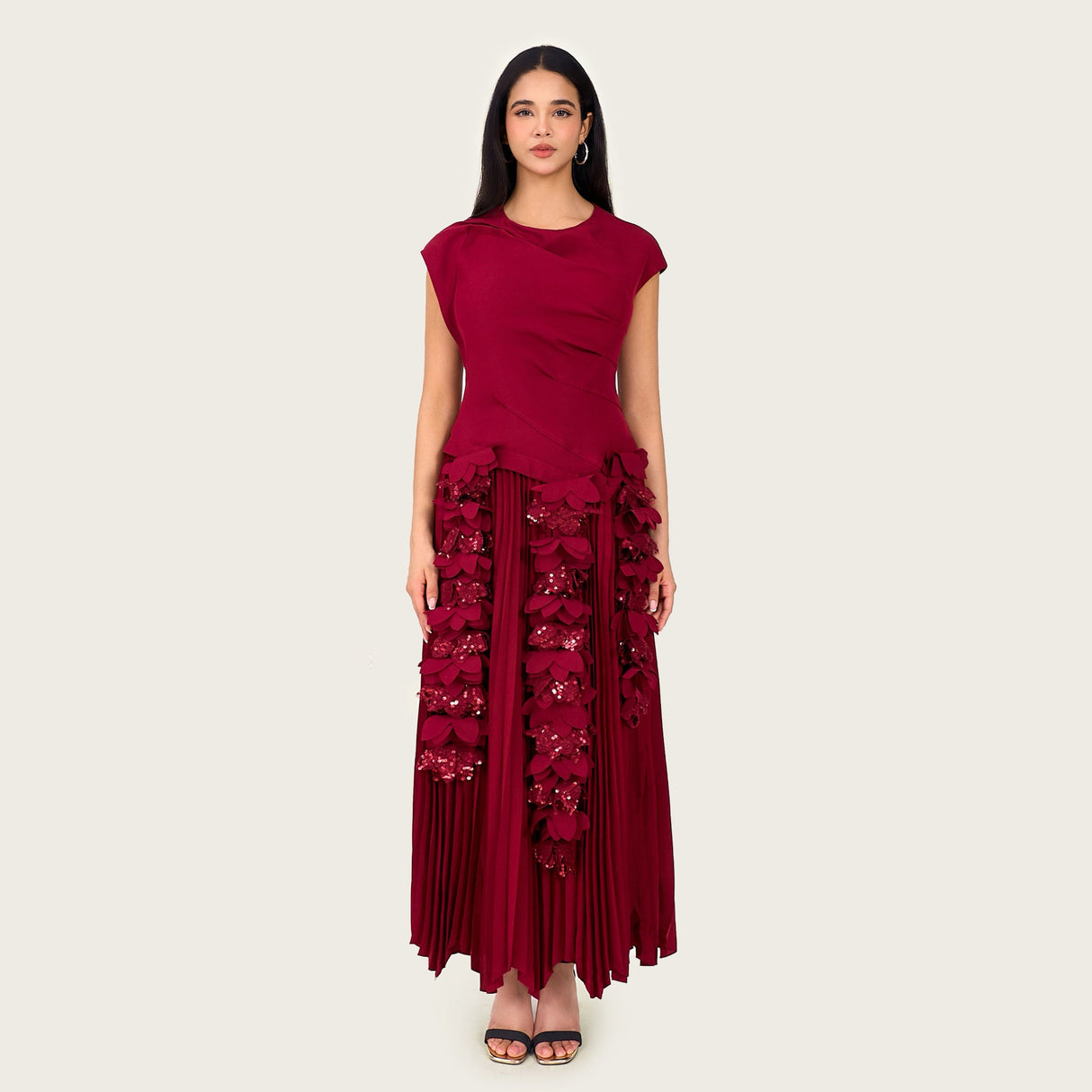 Pleated Crepe Midi Dress with Dangling Sequin Floral Embellishments – Burgundy - Noētic