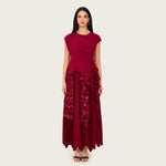 Pleated Crepe Midi Dress with Dangling Sequin Floral Embellishments – Burgundy - Noētic