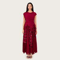 Pleated Crepe Midi Dress with Dangling Sequin Floral Embellishments – Burgundy - Noētic
