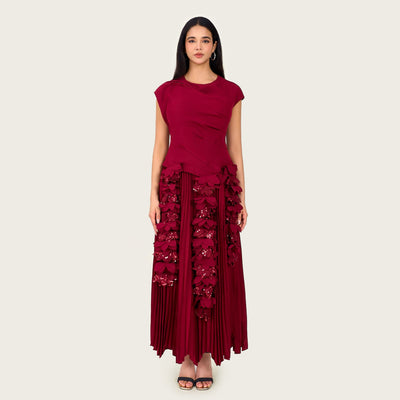 Pleated Crepe Midi Dress with Dangling Sequin Floral Embellishments – Burgundy - Noētic
