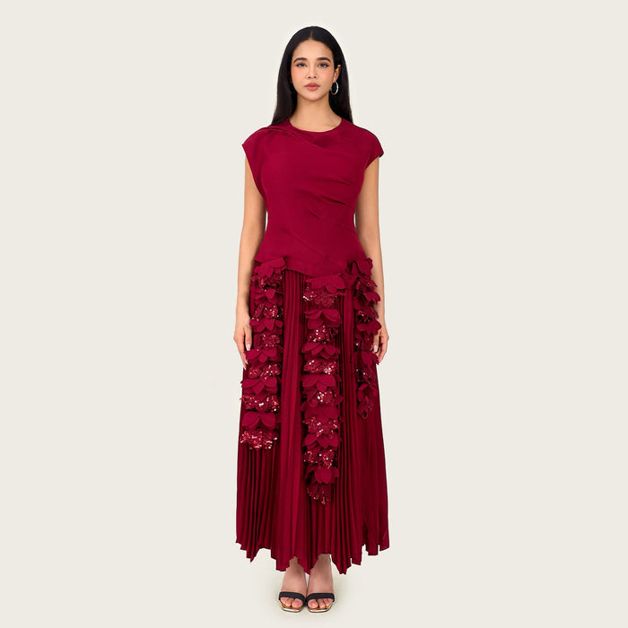 Pleated Crepe Maxi Dress with Dangling Sequin Floral Embellishments – Burgundy