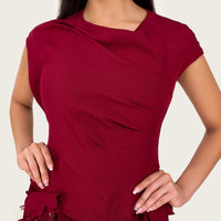 Pleated Crepe Midi Dress with Dangling Sequin Floral Embellishments – Burgundy - Noētic