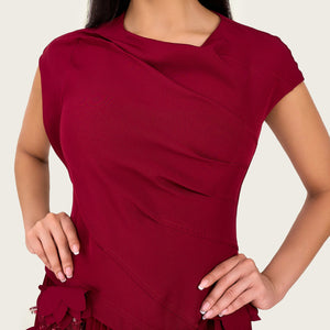 Pleated Crepe Midi Dress with Dangling Sequin Floral Embellishments – Burgundy - Noētic